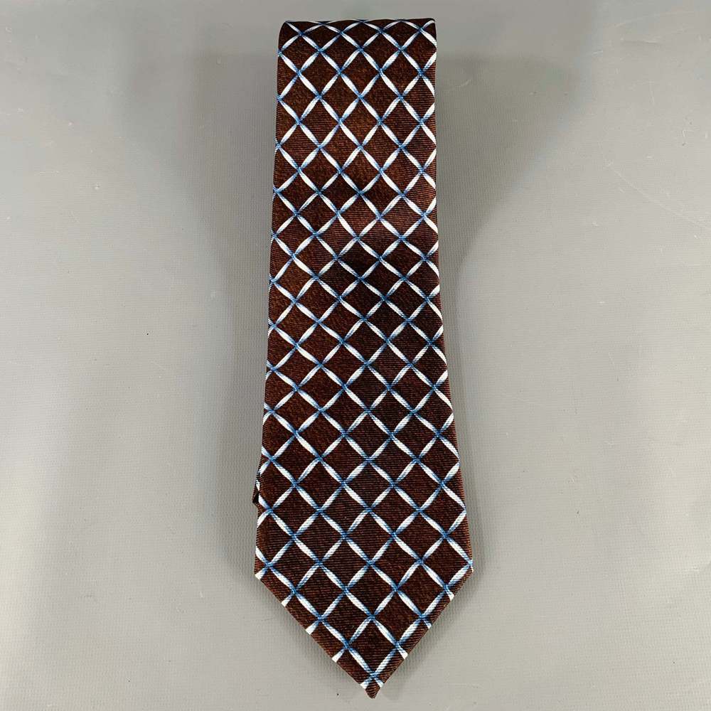 BVLGARI Brown Blue Window Pane Silk Tie - Picture 2 of 4